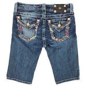 Miss Me GIRLS Size 16 Bermuda Shorts Blue Denim Embroidered Rhinestone Y2K Boho